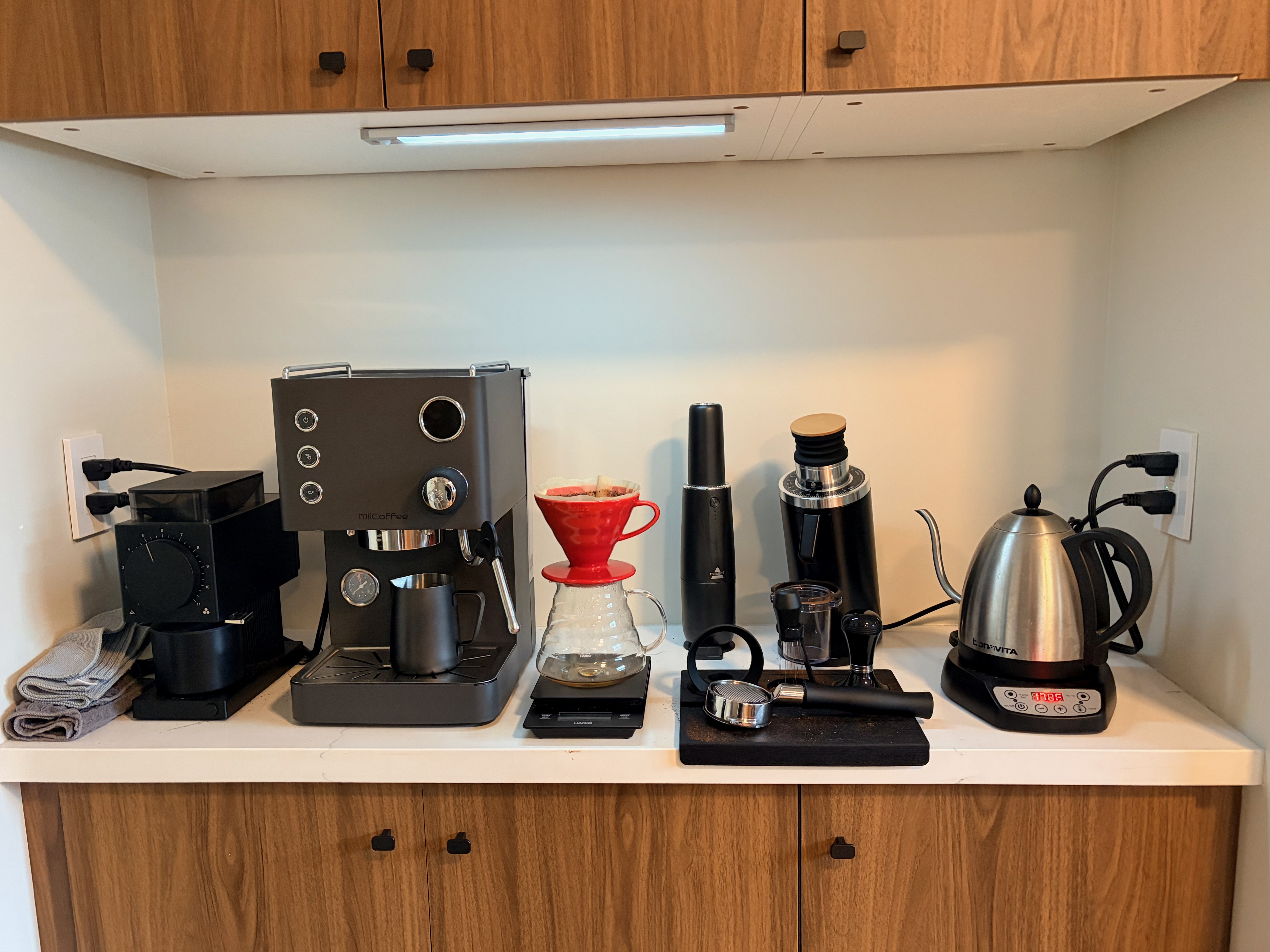 Zak Goldberg's home coffee setup, with espresso and pour-over equipment